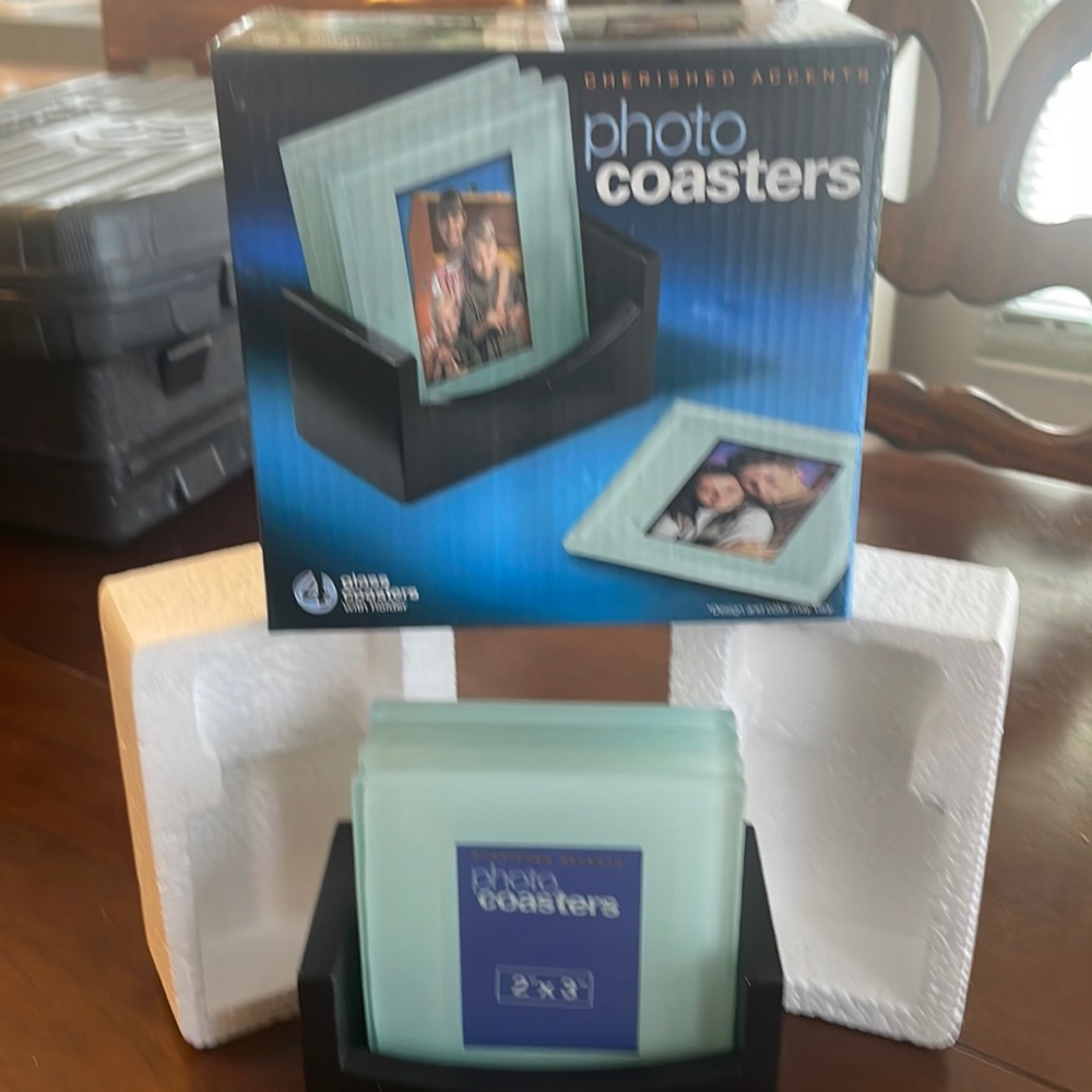 Glass Photo Coasters with wooden base, New in box. (Set of 4 coasters)